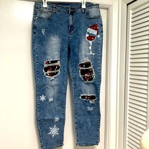 NWT Evaless stretch boyfriend jeans with Santa wine glass SZ 16